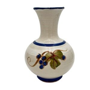 Vintage 1972 Pacific Stoneware Vase Hand Painted Grapes Blue Trim USA Pottery